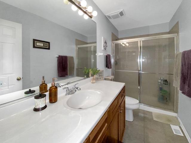 full bath featuring a shower stall, toilet, vanity, and visible vents