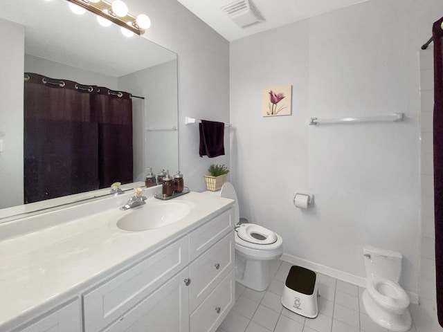 bathroom with curtained shower, tile patterned flooring, visible vents, toilet, and vanity