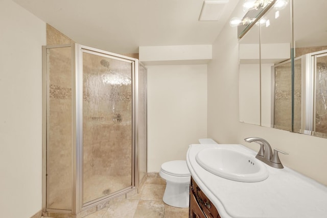 full bathroom with a shower stall, visible vents, toilet, and vanity