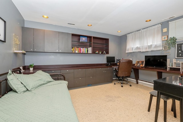 home office featuring recessed lighting, a baseboard radiator, built in study area, and visible vents