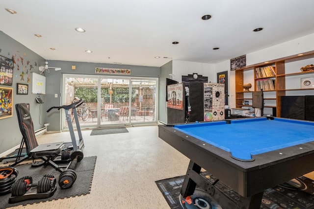 rec room featuring recessed lighting, baseboards, and billiards