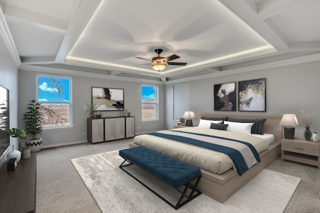 bedroom featuring carpet floors, multiple windows, and coffered ceiling