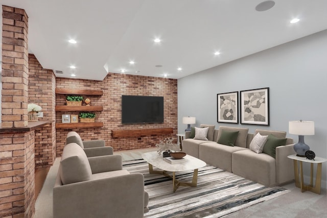 carpeted living room featuring recessed lighting, visible vents, and brick wall