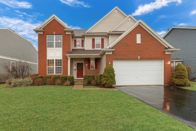 view of front of house featuring a front lawn, aphalt driveway, an attached garage, brick siding, and roof with shingles