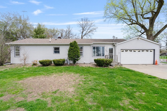 ranch-style house with a garage, a front lawn, and concrete driveway