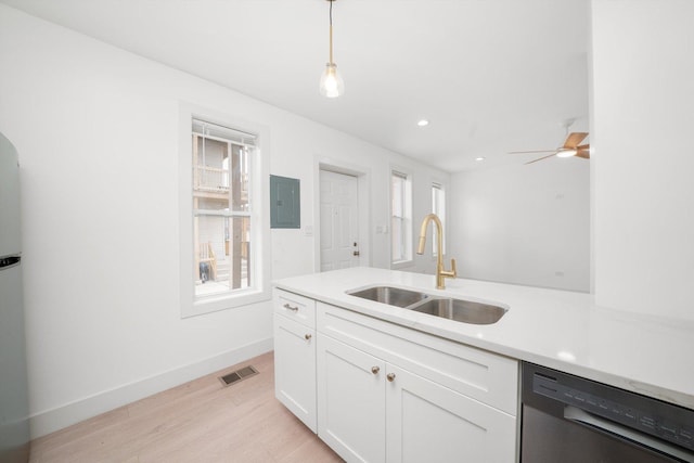 3246 S Normal Ave, Chicago, IL 60616 - kitchen featuring dishwasher, electric panel, light wood-type flooring, white cabinetry, and light countertops