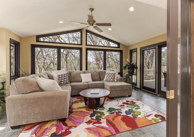 living area with vaulted ceiling, a ceiling fan, and recessed lighting