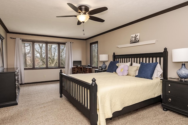 bedroom with ceiling fan, baseboards, light colored carpet, and ornamental molding