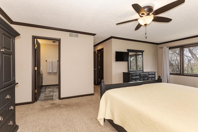 bedroom featuring light colored carpet, baseboards, ornamental molding, and visible vents