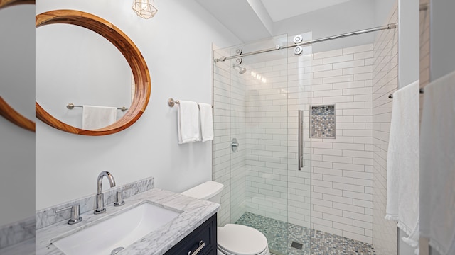 bathroom featuring toilet, a shower stall, and vanity