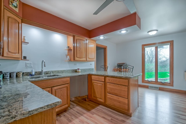 3515 Partridge Ln, Belvidere, IL 61008 - kitchen featuring a peninsula, a sink, visible vents, recessed lighting, and open shelves