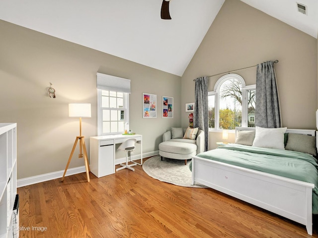 522 N Grant St, Hinsdale, IL 60521 - bedroom featuring baseboards, visible vents, high vaulted ceiling, and light wood-style floors