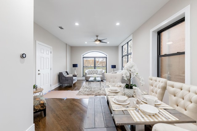 4453 S Lake Park Ave Unit 4, Chicago, IL 60653 - dining area featuring recessed lighting, visible vents, dark wood-style flooring, baseboards, and ceiling fan