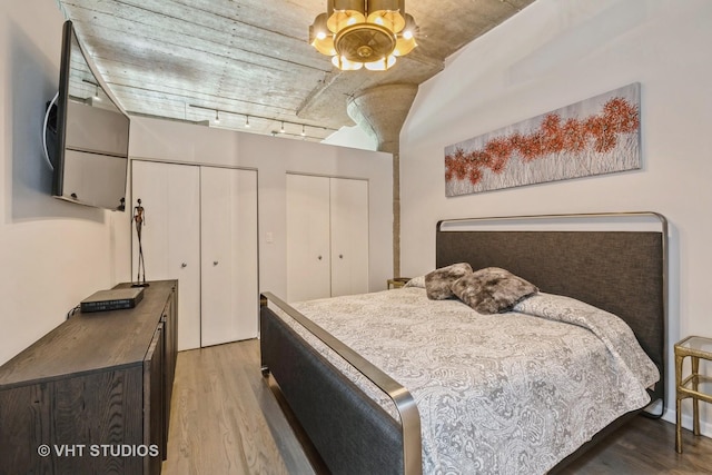 bedroom with wood finished floors, multiple closets, and a notable chandelier