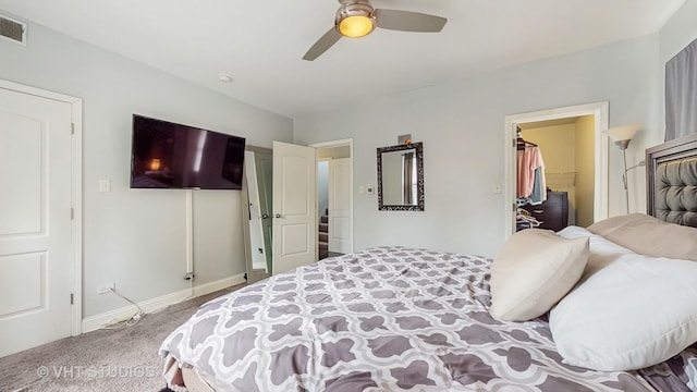 carpeted bedroom featuring a closet, a walk in closet, a ceiling fan, and baseboards