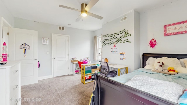 bedroom with carpet, a ceiling fan, and baseboards