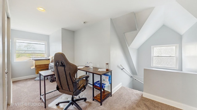home office featuring carpet floors, baseboards, vaulted ceiling, and recessed lighting