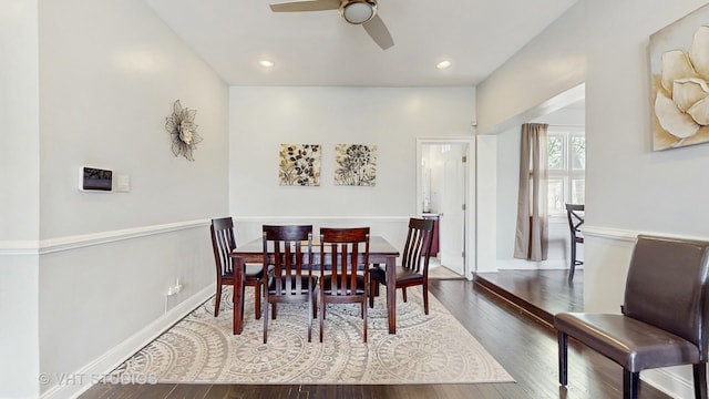 dining area featuring ceiling fan, hardwood / wood-style flooring, recessed lighting, and baseboards
