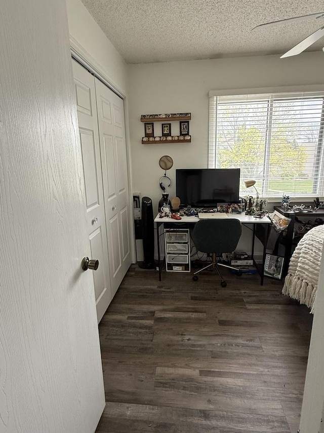 office with a textured ceiling and dark wood-style floors