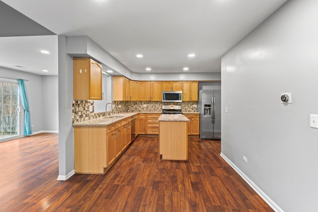 kitchen featuring decorative backsplash, dark wood-style flooring, stainless steel appliances, and a sink