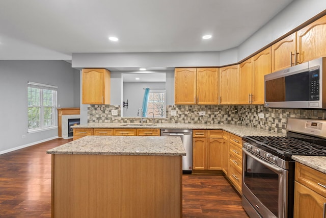 kitchen with stainless steel appliances, a sink, dark wood-type flooring, and light stone counters