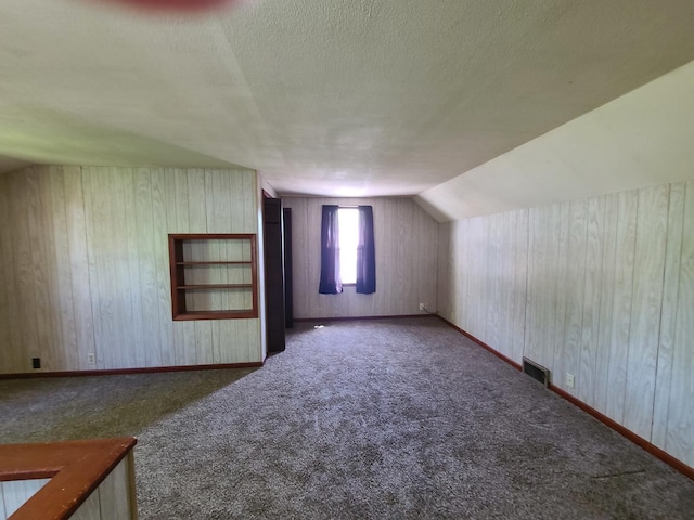518 3rd Ave, Dixon, IL 61021 - additional living space featuring carpet floors, a textured ceiling, lofted ceiling, baseboards, and wood walls