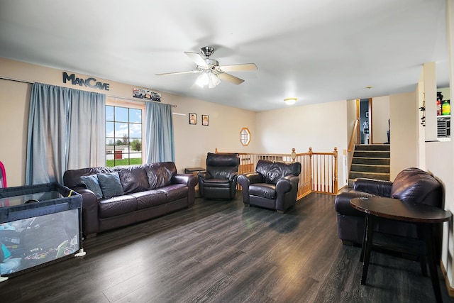 833 Poe St, Manteno, IL 60950 - living area with stairway, a ceiling fan, and dark wood-style floors