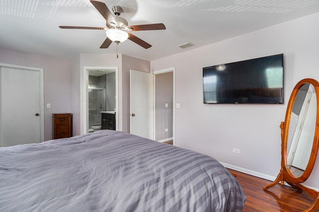 2743 River Bend Ln, Plainfield, IL 60586 - bedroom featuring wood finished floors, baseboards, a ceiling fan, and ensuite bath
