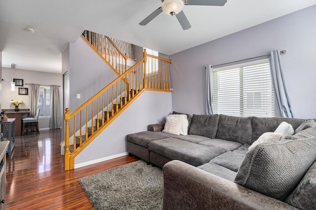 2743 River Bend Ln, Plainfield, IL 60586 - living room featuring stairs, a ceiling fan, hardwood / wood-style flooring, and baseboards
