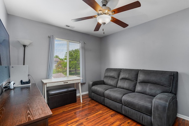2743 River Bend Ln, Plainfield, IL 60586 - living area with a ceiling fan, dark wood-style flooring, and baseboards