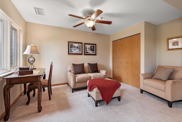 10300 Village Circle Dr Unit 1109, Palos Park, IL 60464 - living area featuring baseboards, visible vents, light colored carpet, and ceiling fan
