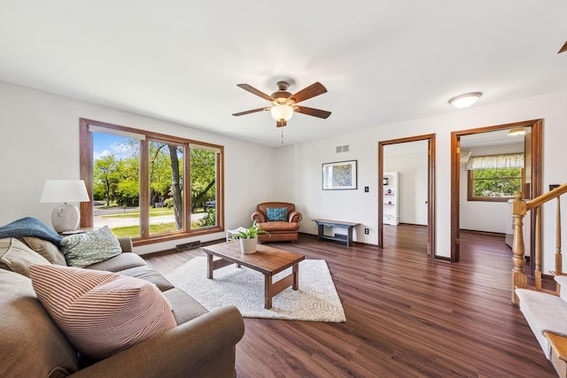 5873 Walnut Ave, Downers Grove, IL 60516 - living area with a ceiling fan, dark wood finished floors, stairway, and baseboards