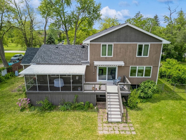 5873 Walnut Ave, Downers Grove, IL 60516 - rear view of house featuring a sunroom, a shingled roof, a deck, and stairway