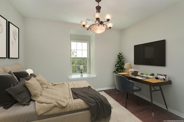 2701 Commons Dr Unit 409, Glenview, IL 60026 - bedroom featuring a chandelier, baseboards, wood finished floors, and an office area