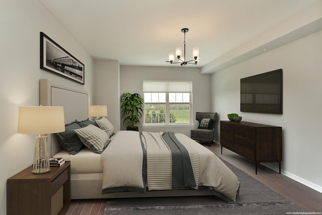 2701 Commons Dr Unit 409, Glenview, IL 60026 - bedroom featuring a chandelier, dark wood-style flooring, and baseboards