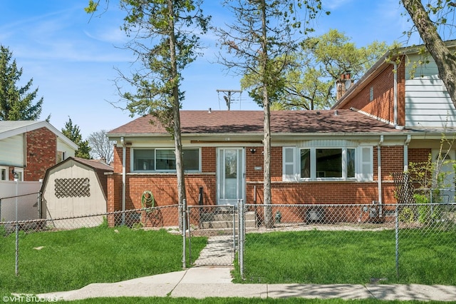 view of front of home with brick siding, a gate, and a storage shed