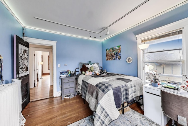 bedroom with rail lighting, radiator heating unit, and wood finished floors