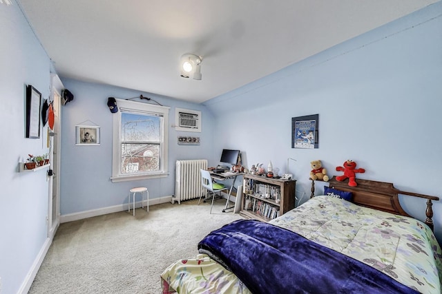 bedroom featuring radiator, baseboards, an AC wall unit, and carpet