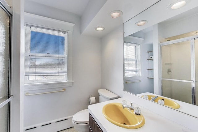 bathroom featuring a stall shower, toilet, recessed lighting, vanity, and a baseboard radiator