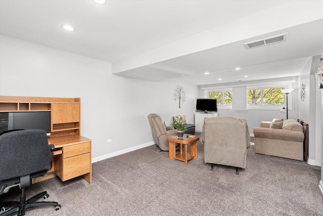 carpeted office featuring recessed lighting, baseboards, and visible vents