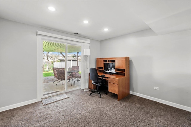 home office with recessed lighting, baseboards, and dark colored carpet