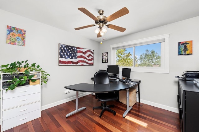 office area with a ceiling fan, baseboards, and wood finished floors