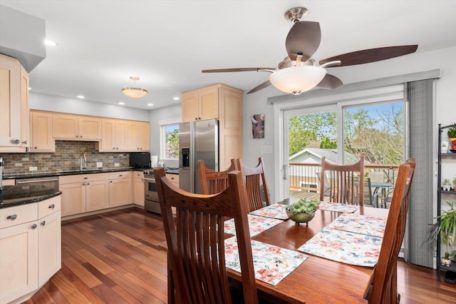 dining space featuring recessed lighting, ceiling fan, and dark wood-style floors