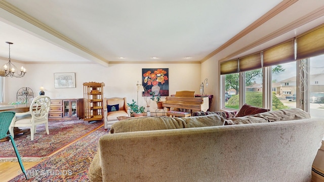 270 Concord Dr, Melrose Park, IL 60160 - living room with ornamental molding, a chandelier, baseboard heating, wood finished floors, and recessed lighting