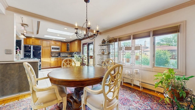 270 Concord Dr, Melrose Park, IL 60160 - dining space featuring a chandelier, light wood-type flooring, crown molding, recessed lighting, and a baseboard radiator