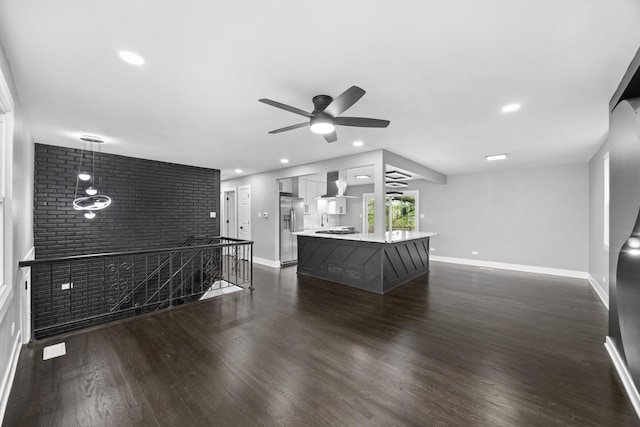16560 Woodlawn W Ave, South Holland, IL 60473 - unfurnished living room featuring a ceiling fan, baseboards, dark wood-style flooring, and recessed lighting