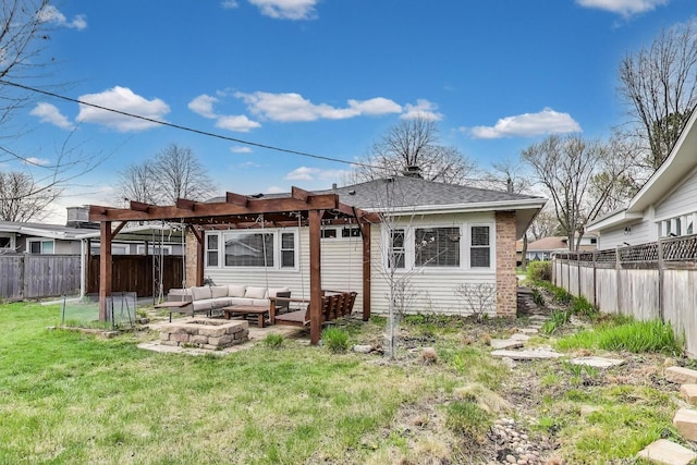 9633 Karlov Ave, Skokie, IL 60076 - back of house featuring an outdoor living space with a fire pit, a fenced backyard, a pergola, and brick siding
