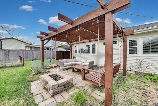 9633 Karlov Ave, Skokie, IL 60076 - fenced backyard featuring an outdoor living space with a fire pit, a pergola, and a patio