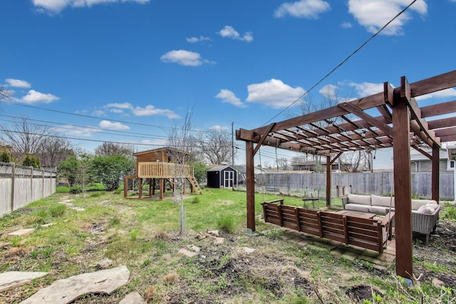 9633 Karlov Ave, Skokie, IL 60076 - fenced backyard with an outdoor hangout area, a storage unit, a pergola, and a playground