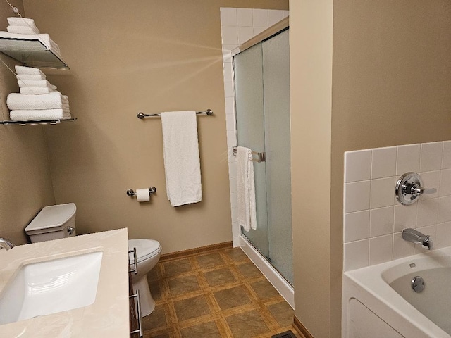 full bathroom featuring baseboards, tile patterned floors, a stall shower, and toilet